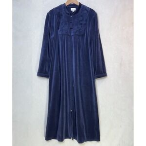 Vtg Navy Velour Zip Front House Dress Long Lounge Robe Dark Romantic Goth L